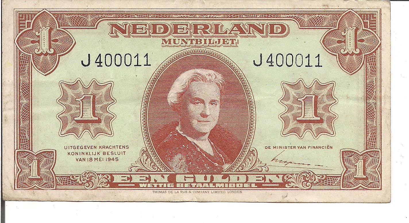 NETHERLANDS, 1 GULDEN, P#70, Singe prefix J400011, 1945