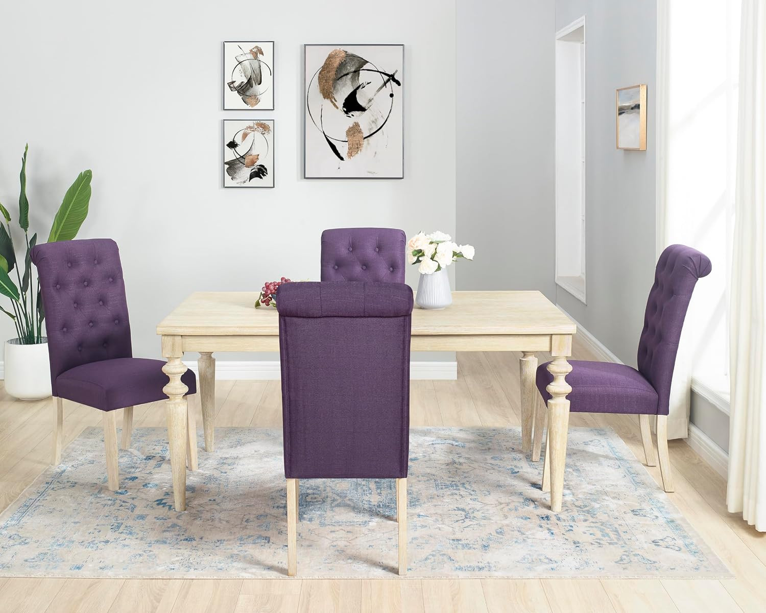 Amonia 5-Piece Dining Set, Turned-Leg Dining Table with 4 Tufted Chairs, Purple