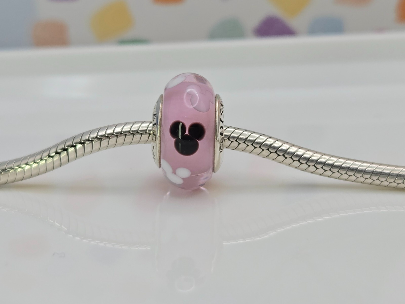 Authentic Pandora Disney Mickey Mouse Parks Pink Icon Murano glass Silver Charm