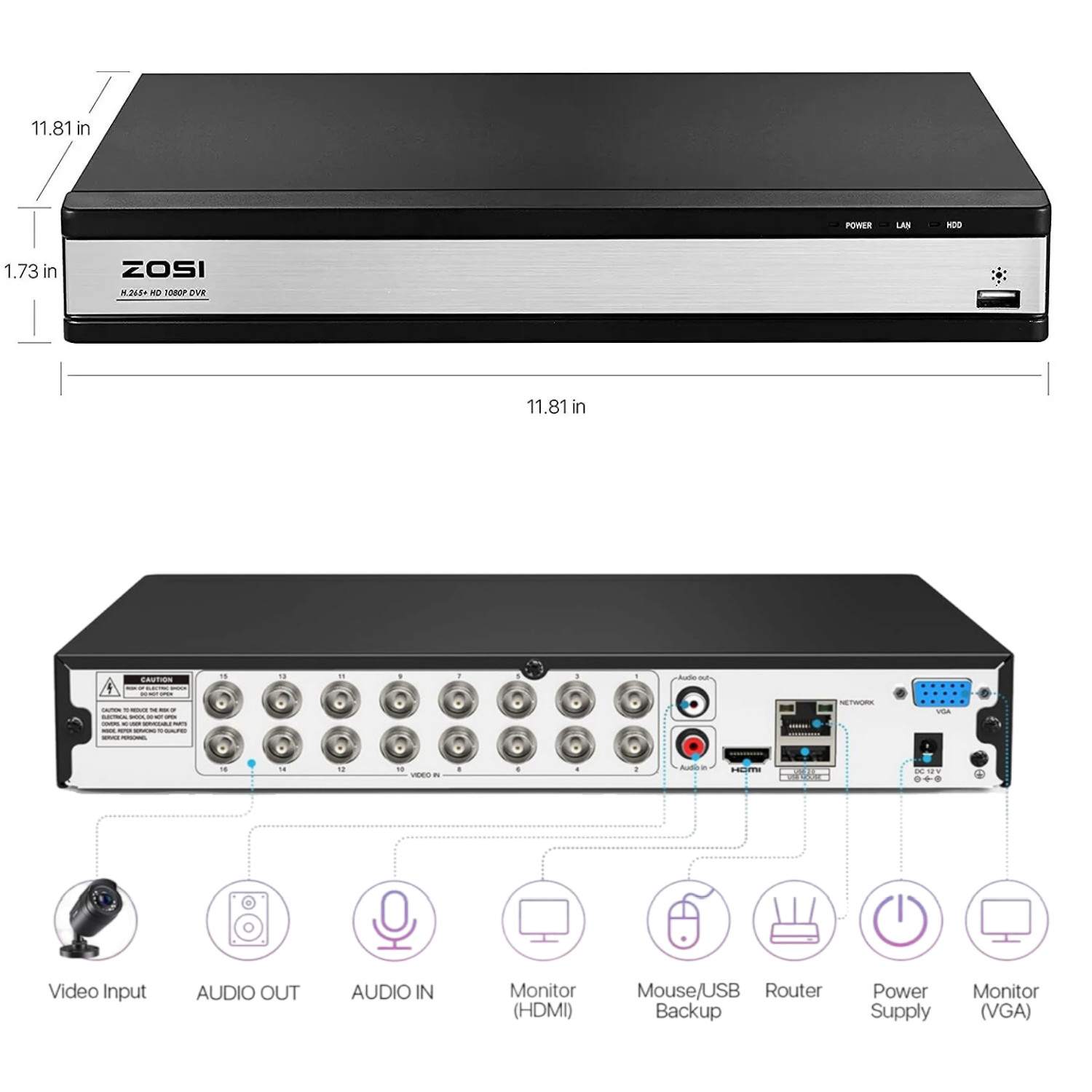 ZOSI 16 Channel H.265+ 1080p DVR Hard Drive 2TB for Security Camera System