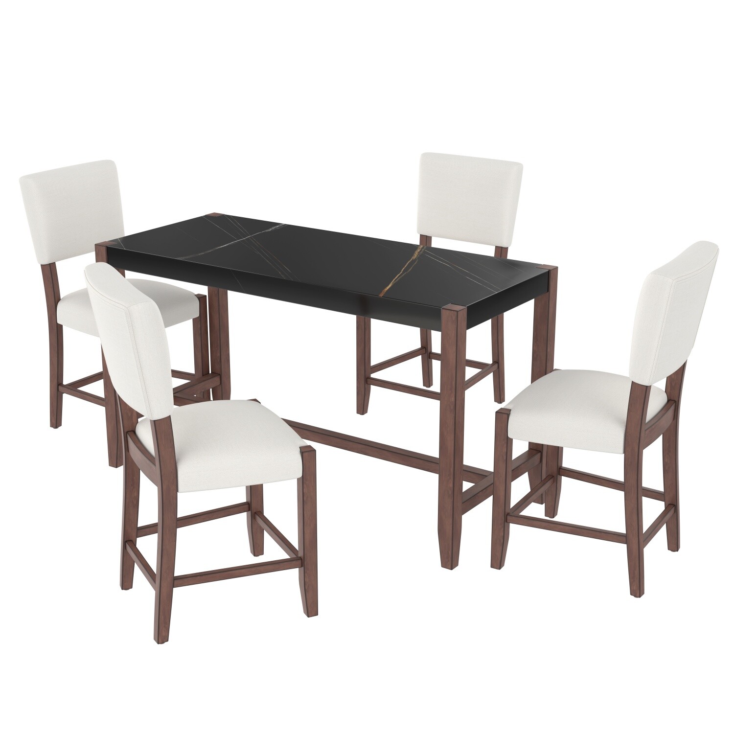 5 Piece Dining Table Set Rectangular Table w/ 4 Upholstered Chair w/ Wood Leg