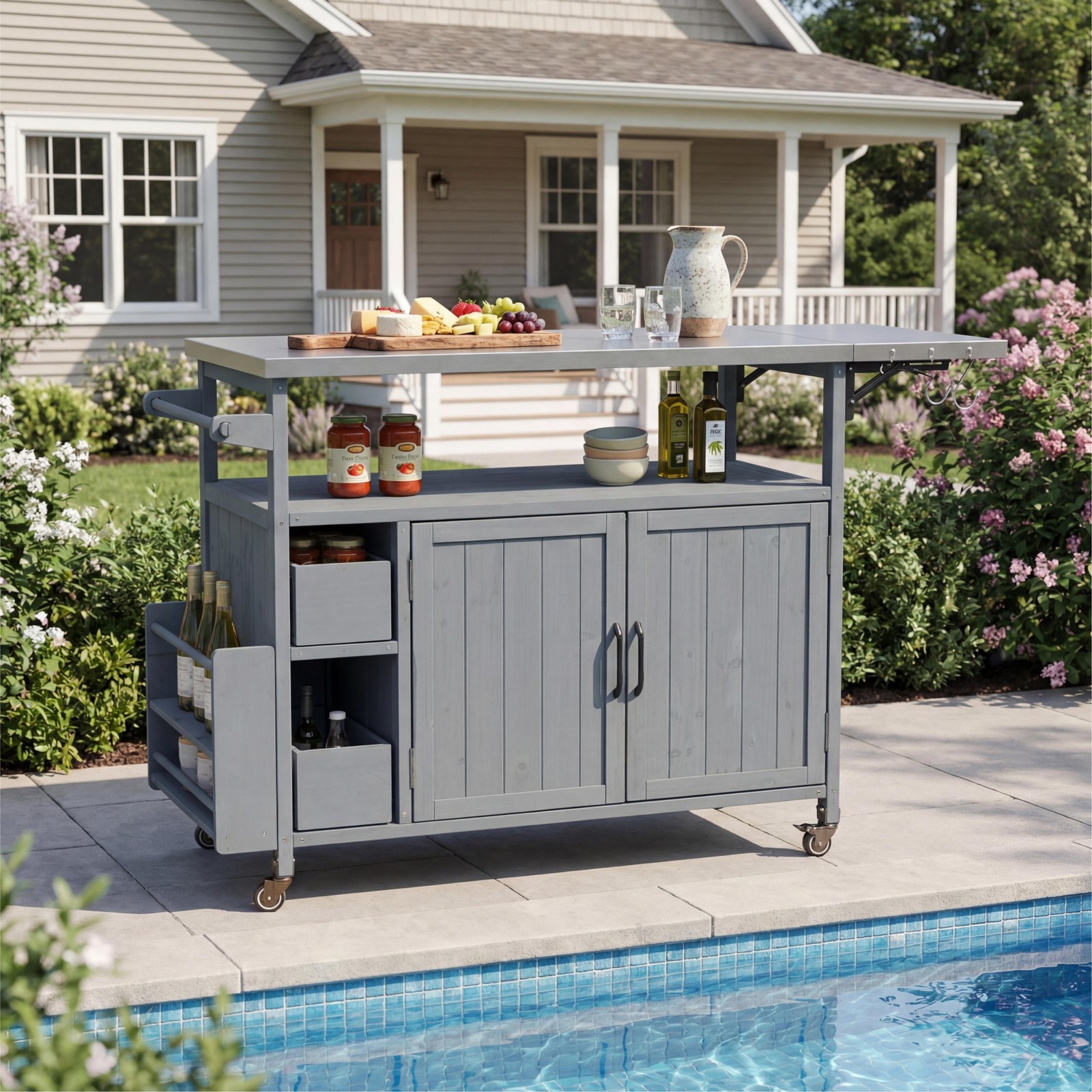 54.33" Farmhouse Rolling Outdoor Kitchen Cart, Solid Wood Frame with Stainless