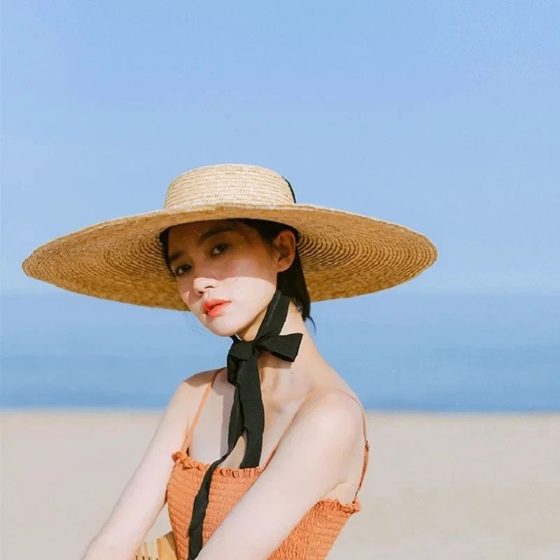 Women Large Wide Brim Straw Summer Hats Ribbon Beach Cap Boater Flat Top Sun Hat