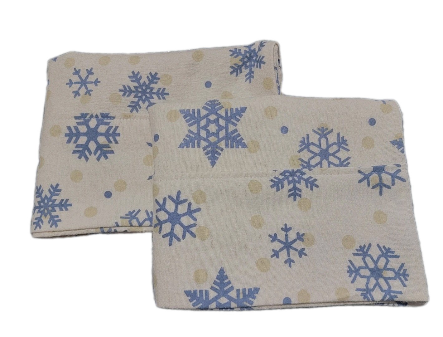 Set of 2 Cream Flannel Pillowcases W/blue Snowflakes 18 X 28 Standard