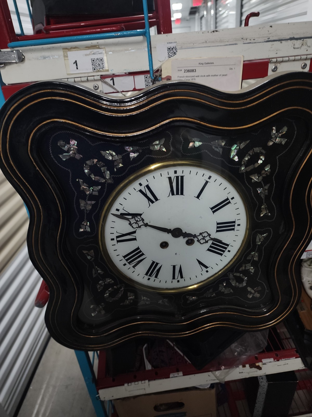 Antique c1870's French Clock Napoleon III Ebonized & Mother of Pearl Wall Clock