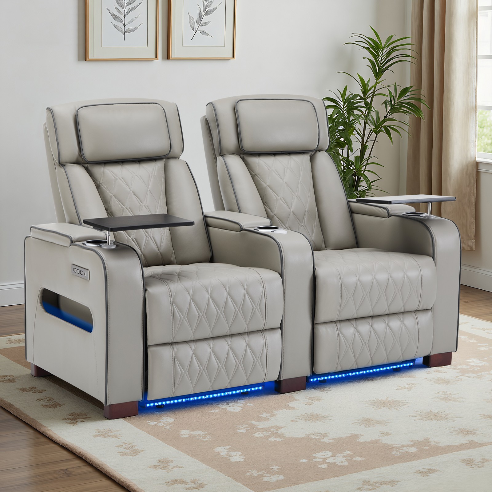 Home Theater Seating Power Recline Sofa With Powered Headrests, Table