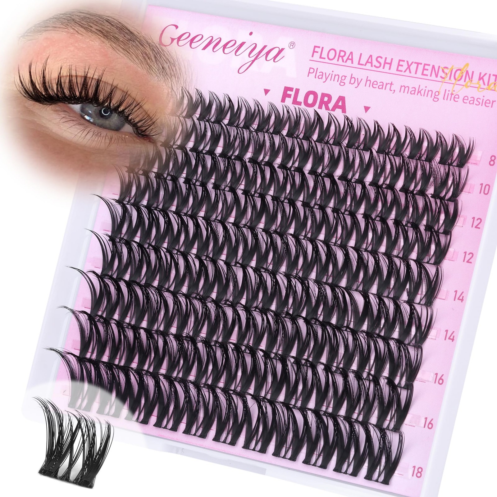 Geeneiya FLORA Lash Clusters, 8-18MM Wispy 99 count (Pack of 1), Black