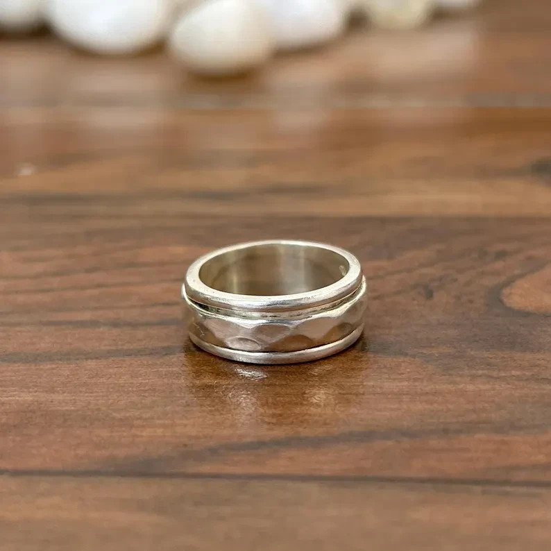 925 Sterling Silver Hammered Wide Band Ring Unisex Statement Jewelry All Size