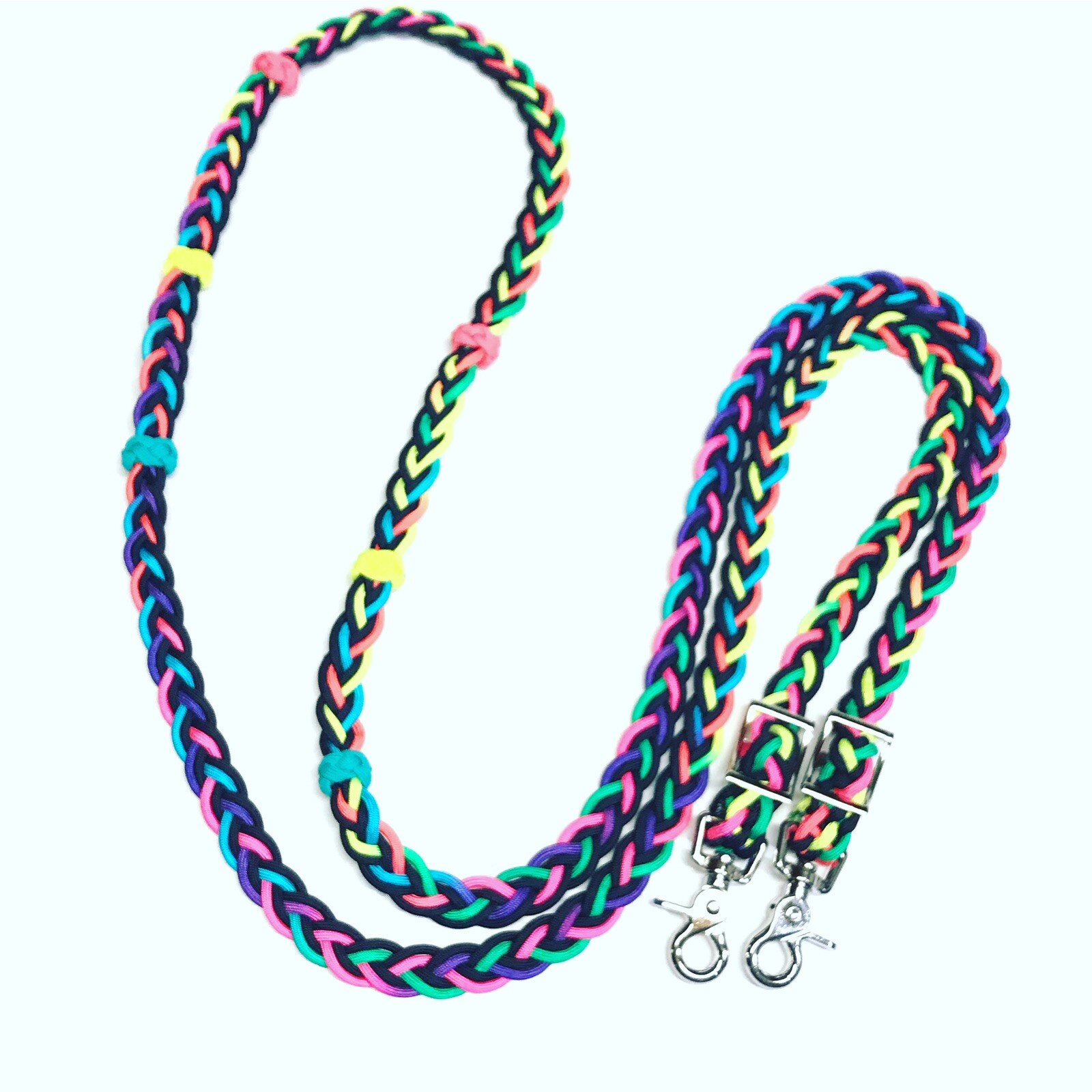 barrel Reins With Adjustable Grip Knots Tie Dye Rainbow  and black