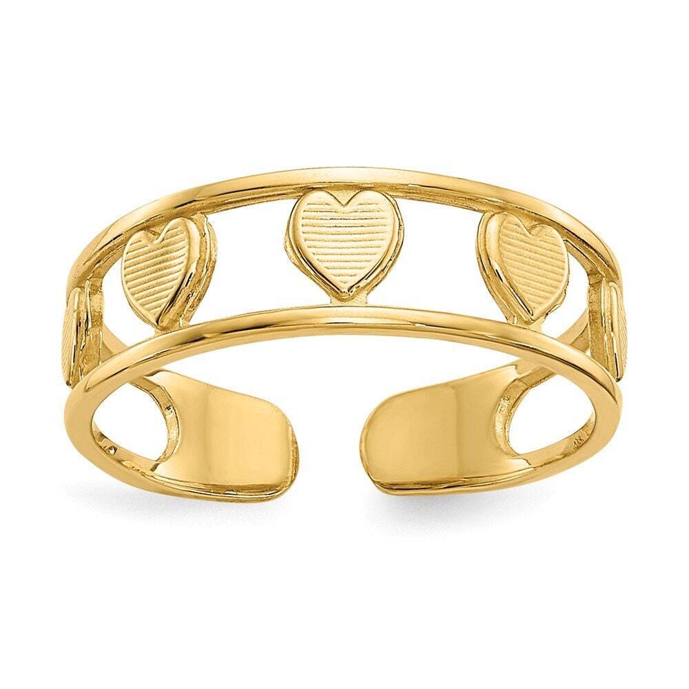 14k Yellow Gold Solid Textured Hearts Toe Ring - Adjustable Gold Toe Rings for