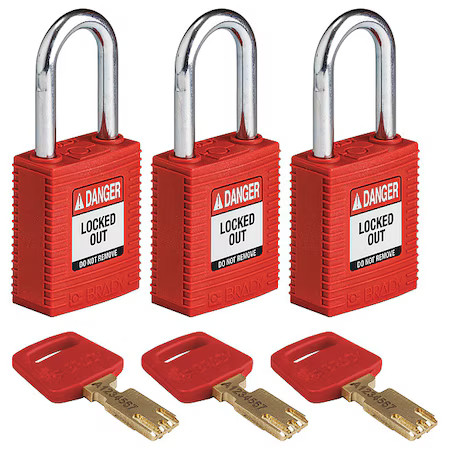 Brady Nyl-Red-38St-Ka3pk Lockout Padlock, Keyed Alike, Nylon, Red, 1 1/2 In