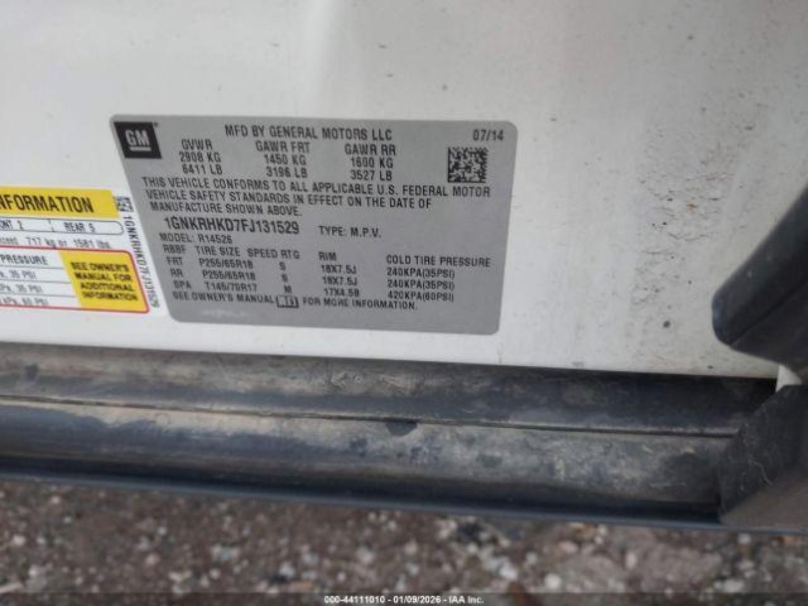 2015 CHEVROLET TRAVERSE RR Door Trim Panel