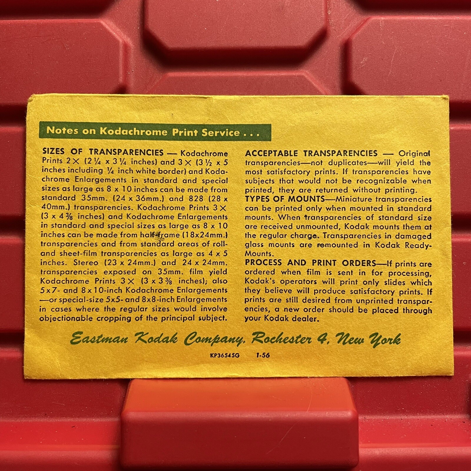 Eastman Kodak Company Photo Sleeve Order Form Printed In USA Vintage 1956
