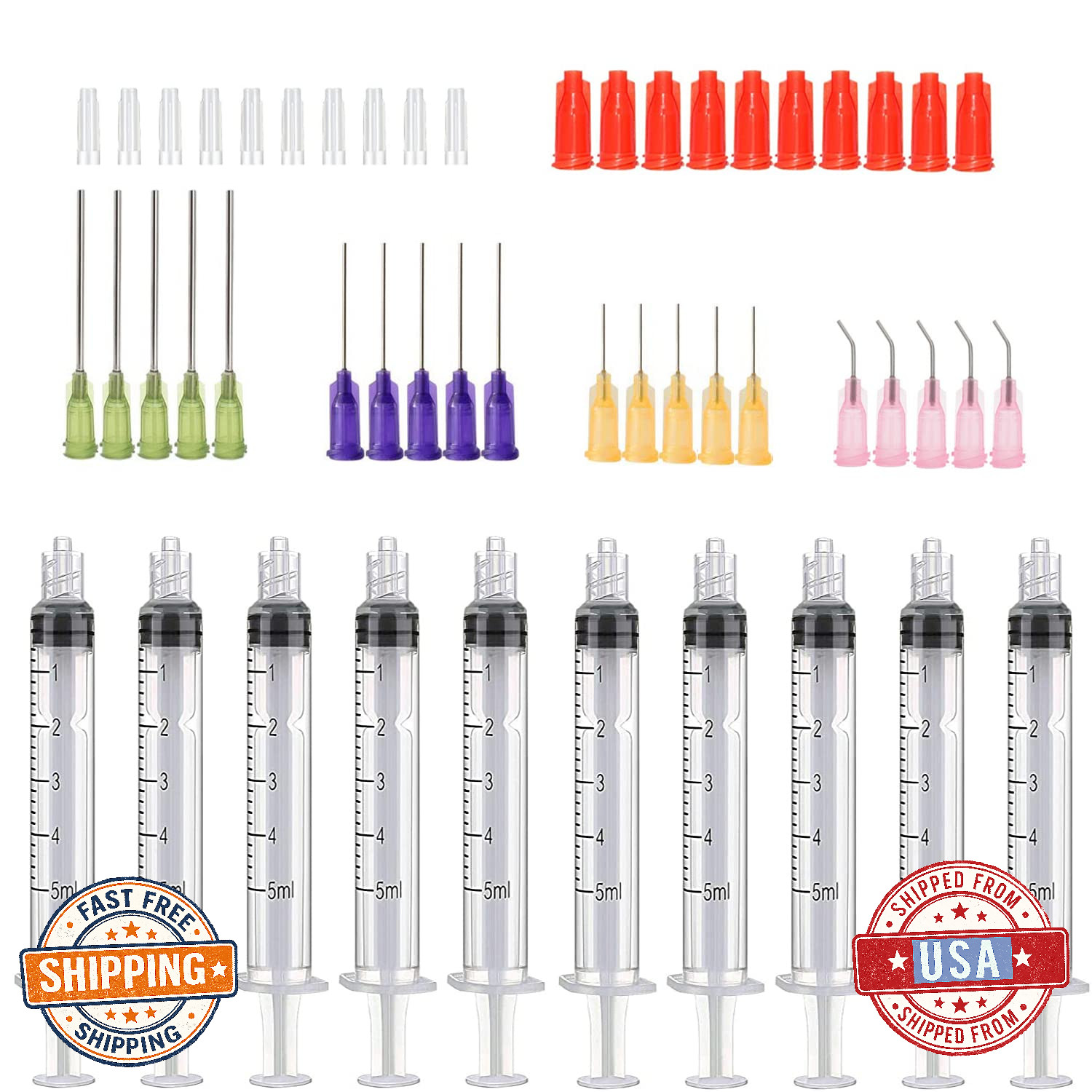 50x 5ml Syringes w/ 14, 20, 21, 23ga Blunt Tip Needles - Non-Sterile Dispensing