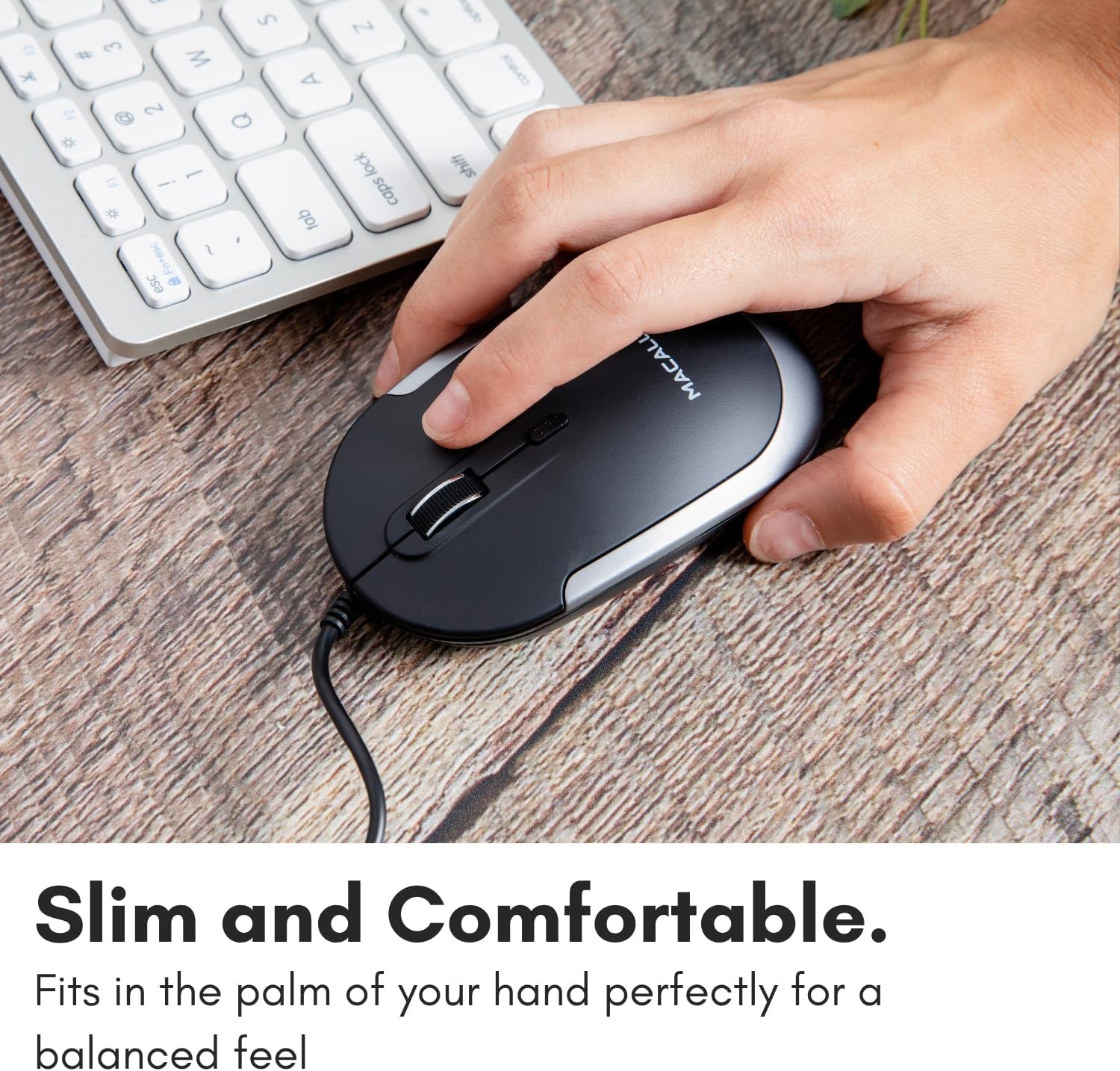 Macally Silent Wired Mouse - Slim & Compact USB Black with Space Gray Trim