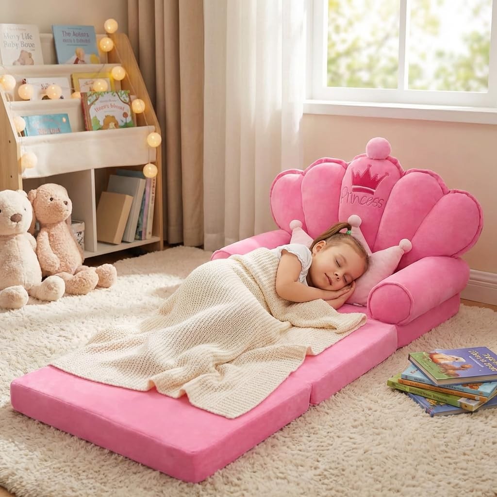Pink Princess Toddler Couch, 2-in-1 Foldable Sofa Bed & Chair for Kids 1-5, S...