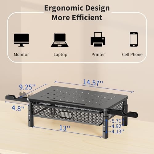 Monitor Stand Riser with Metal Mesh Drawer, Height Adjustable with Phone