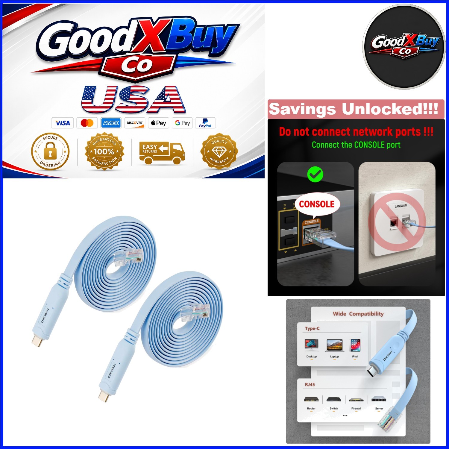 USB-C Console Cable 2-Pack for Cisco Routers, Switches, Windows, Linux