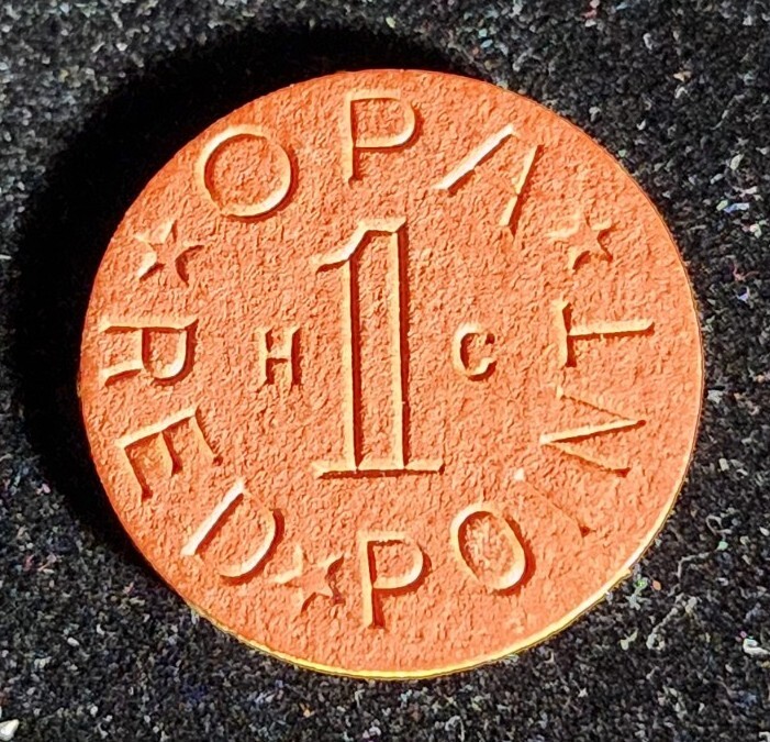 WWII  OPA "HC"  RED POINT  RATION TOKEN COIN FIBER. Our T2953