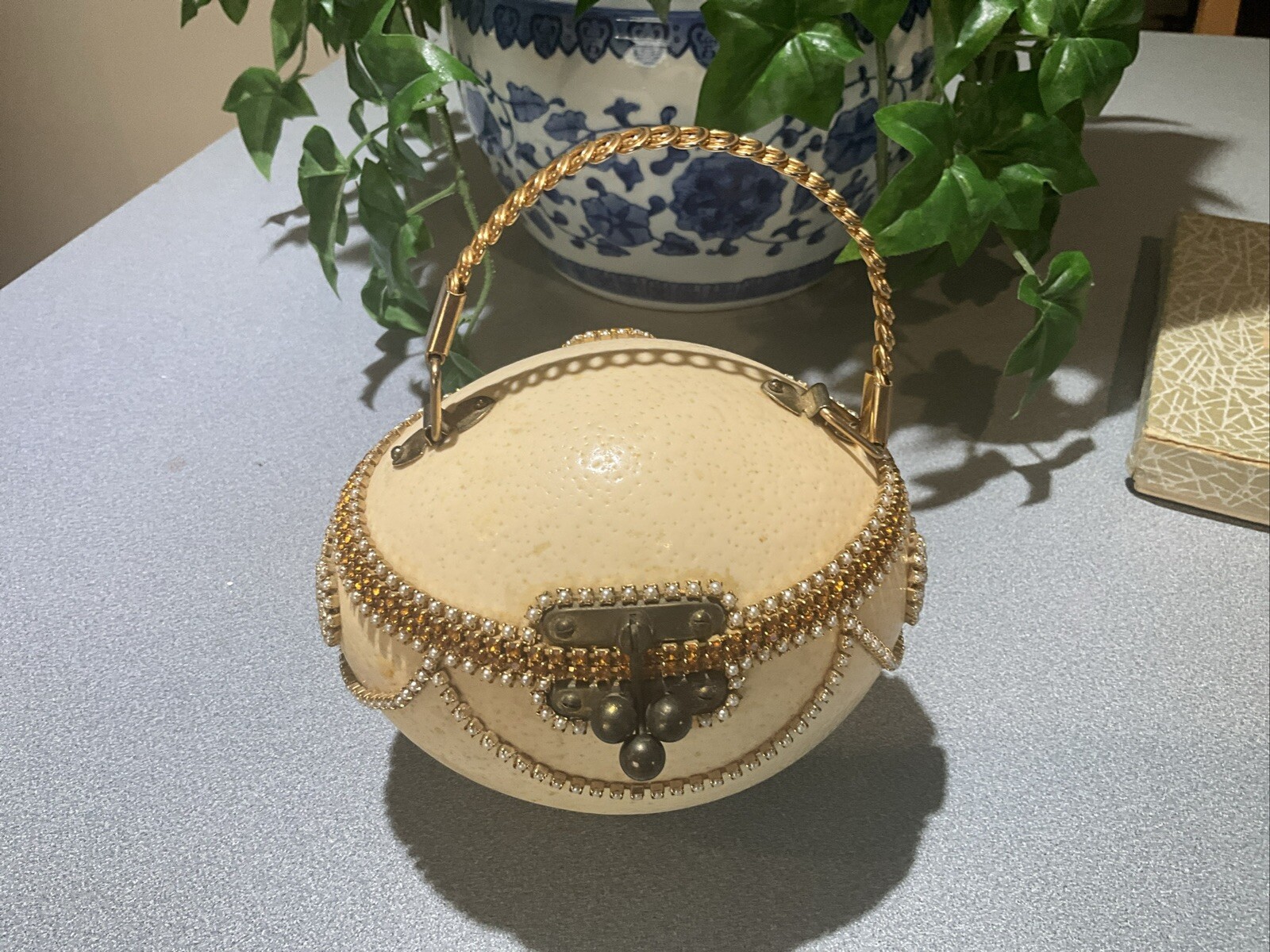 1976 FAUX pearls citrine JEWEL ENCRUSTED REAL OSTRICH EGG SHELL HANDBAG purse