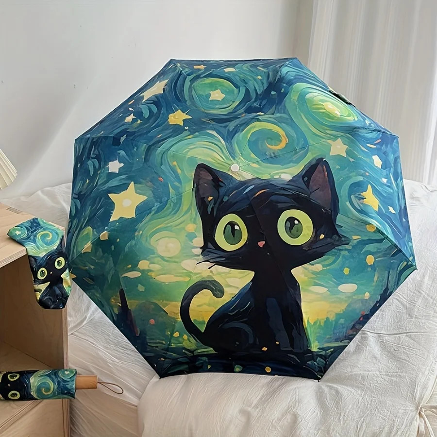Cute Black Cat 8ribs Umbrella Van Gogh Inspired Folding Automatic Umbrellas for