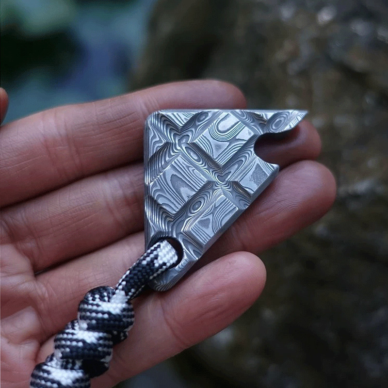 Damascus Steel Chocolate Bottle Opener Necklace Pendant Keychain Multi EDC Tool