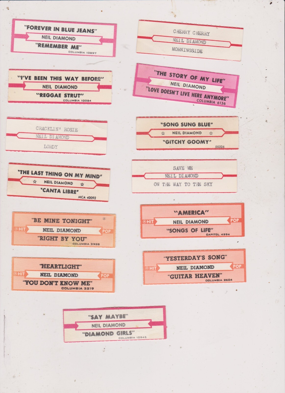 13NEIL DIAMOND- JUKEBOX TITLE STRIPs-FREE SHIPPING IN U S