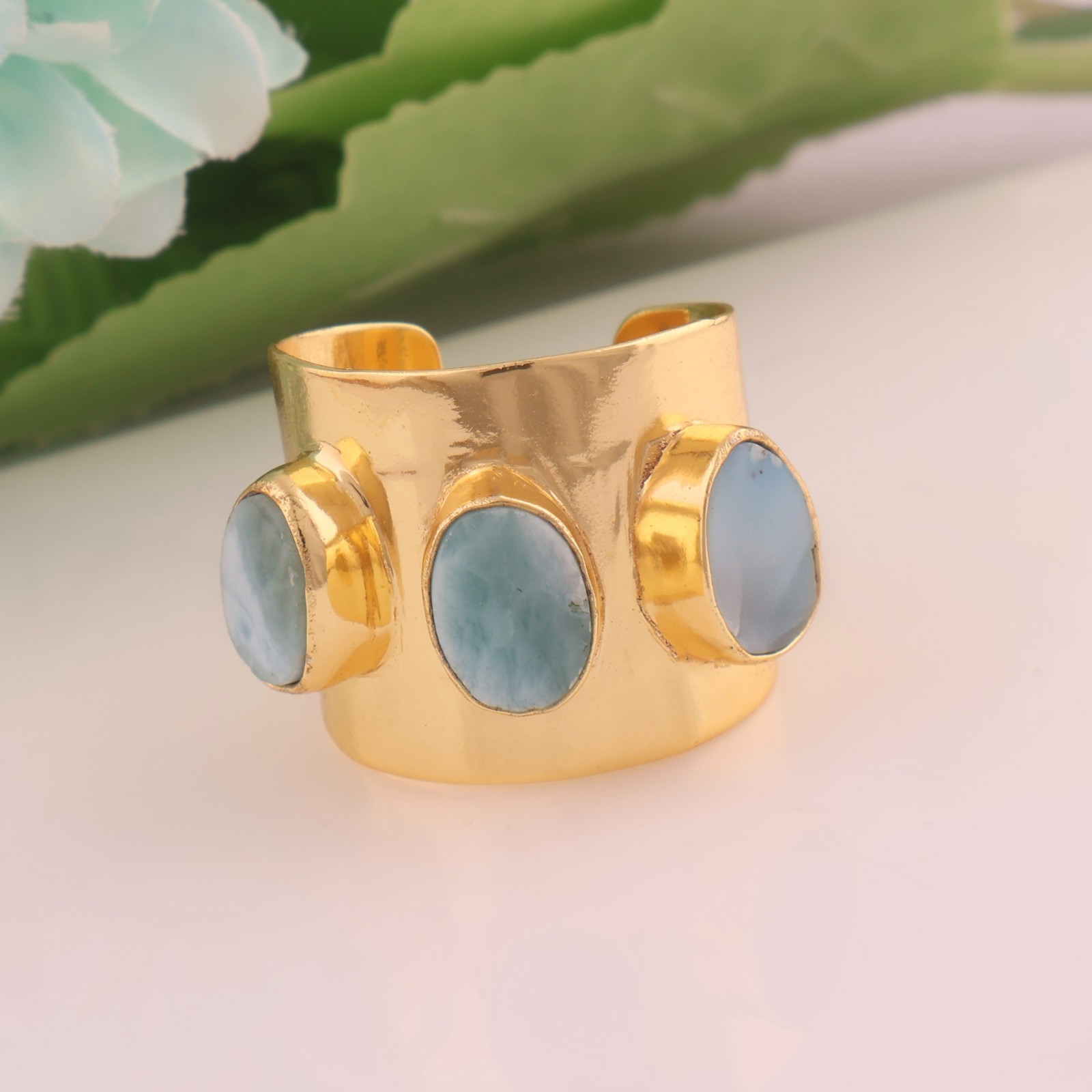 Natural Larimar Ring 18k Gold Plated Brass Three Stone Adjustable Cuff Jewelry