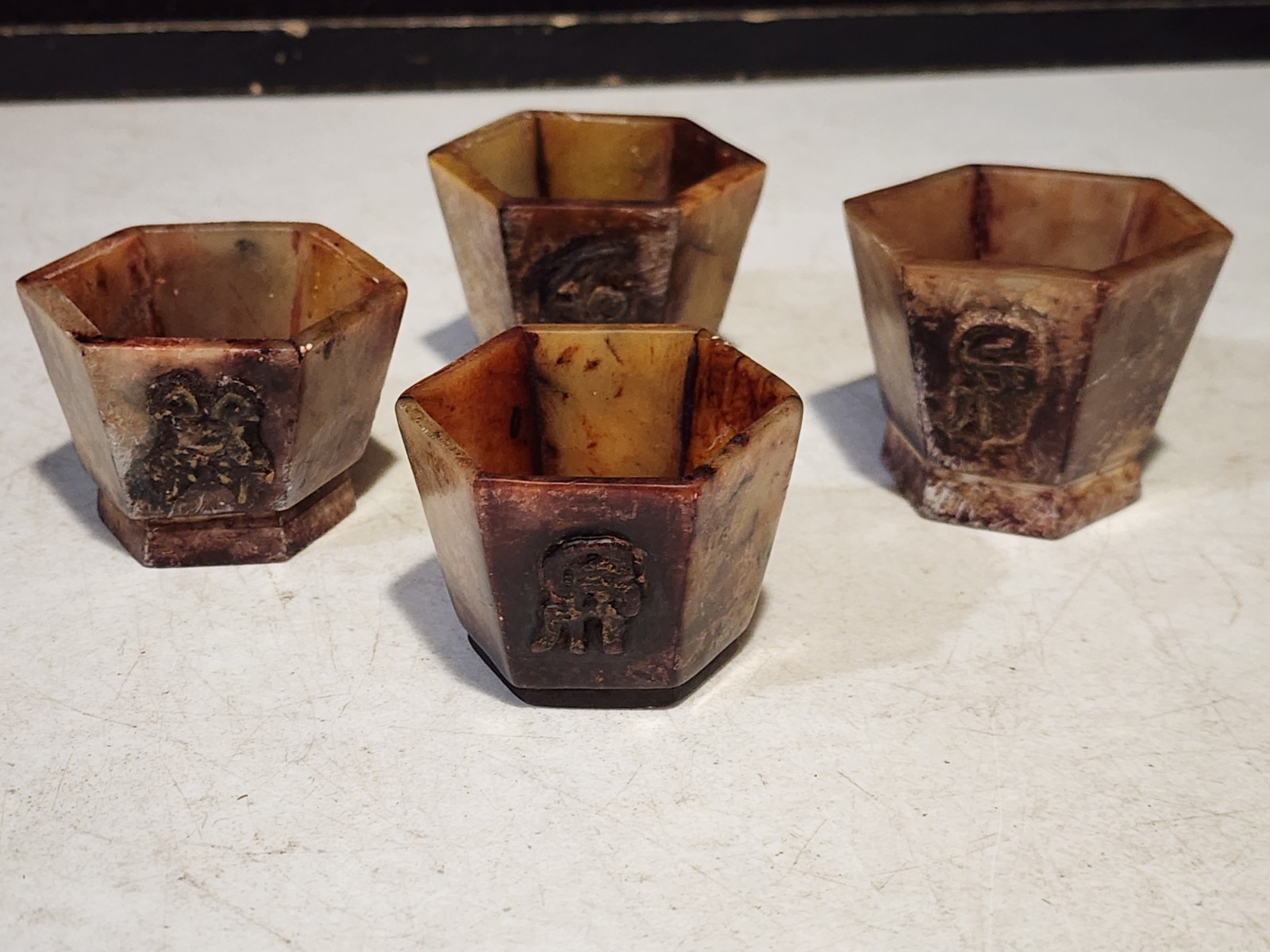 SET OF 4- Asian Manufactured Stone 6 Sided Bonsai Planter Cups