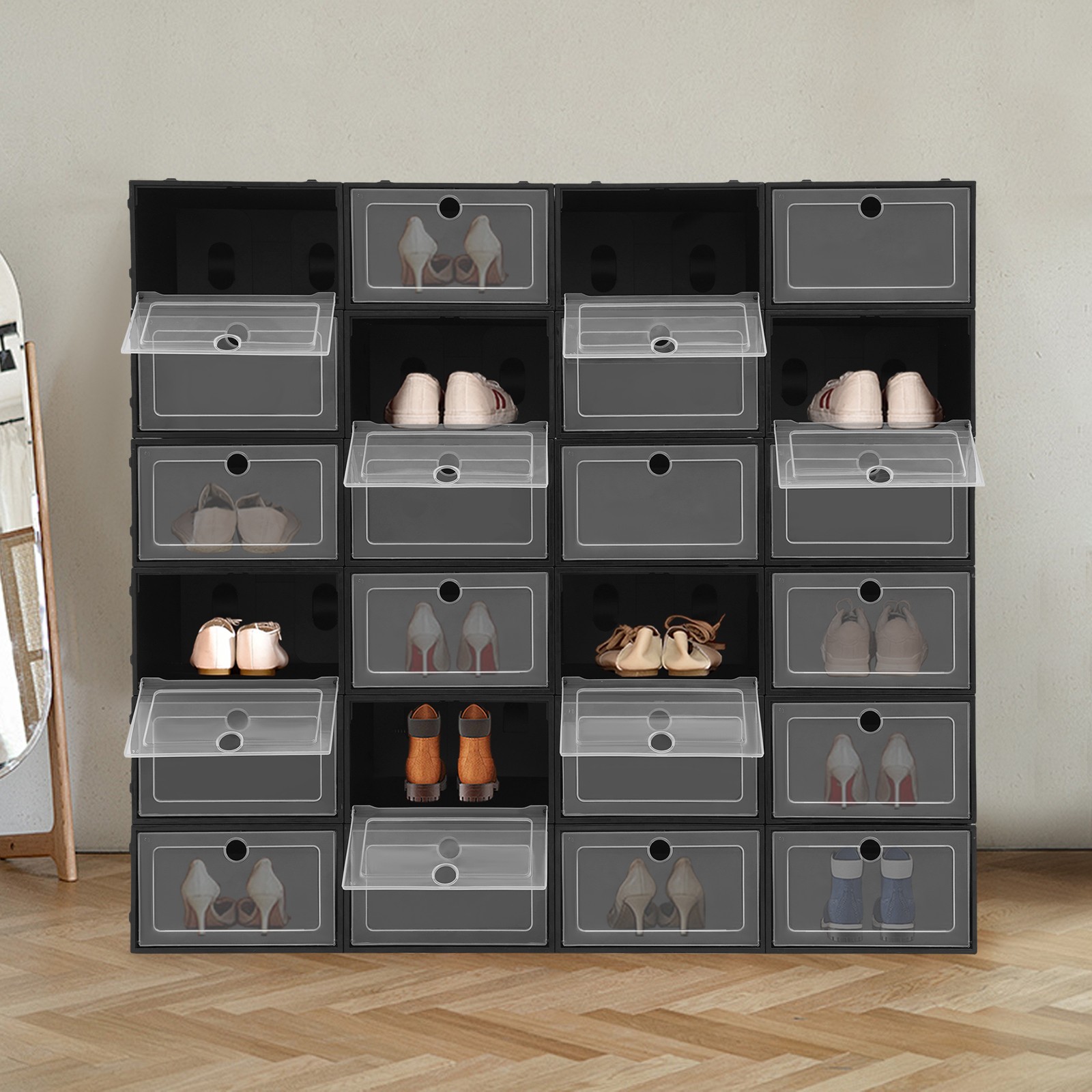 24 Pcs Stackable Shoe Storage Boxes Foldable shoes Container Organizer Drawer