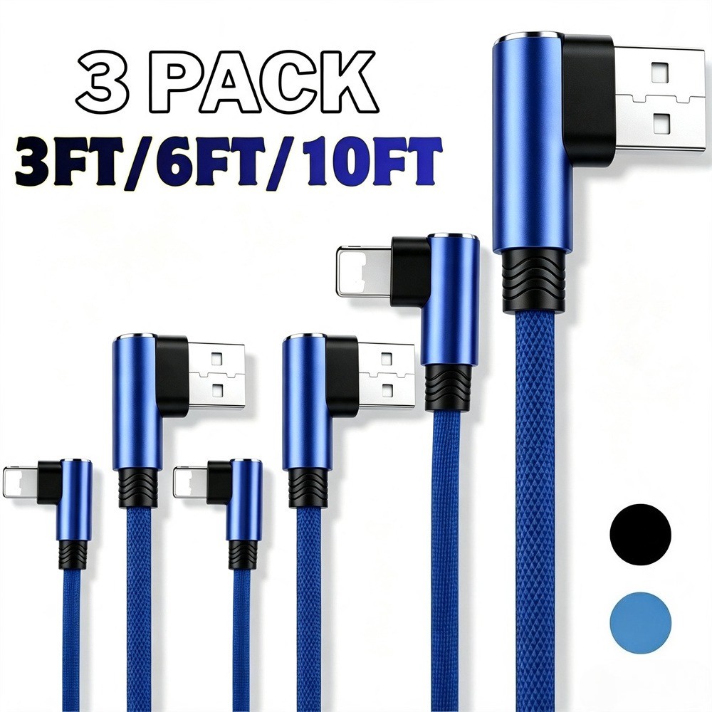3 PACK 90 Degree Right Angle Fast Charging Cable For iPhone 14 13 12 11 XR SE 8