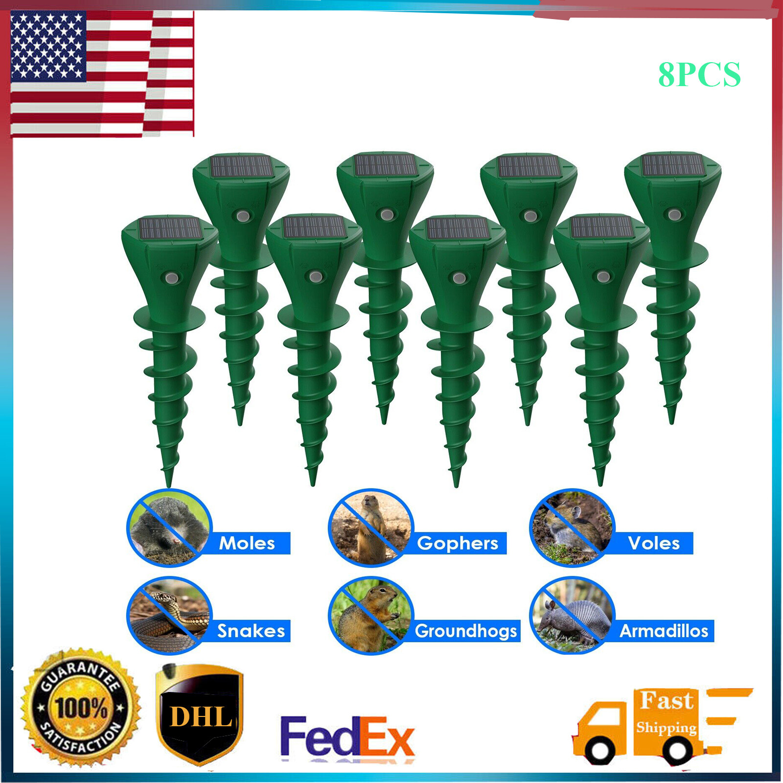 8PCS Mole Repellent Screw Solar Groundhog Snake Deterrent Stakes Yard Lawns