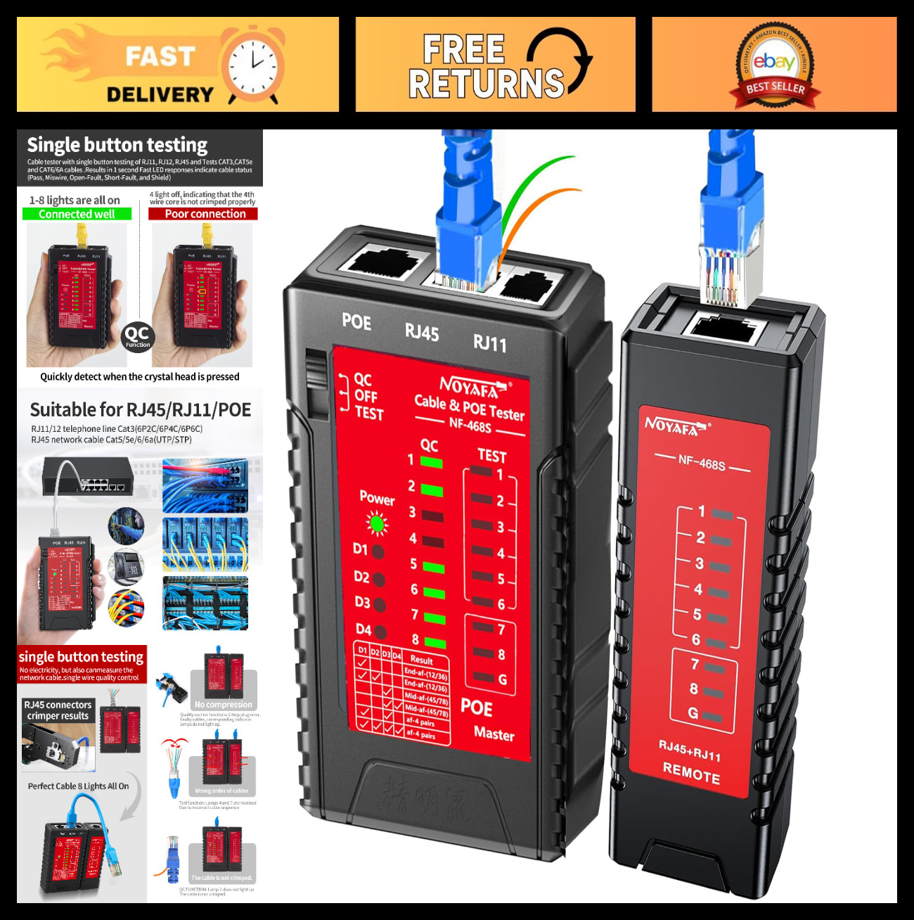 Network Cable Tester for RJ45, RJ11, CAT5, CAT6, PoE & LAN Connectivity Checker