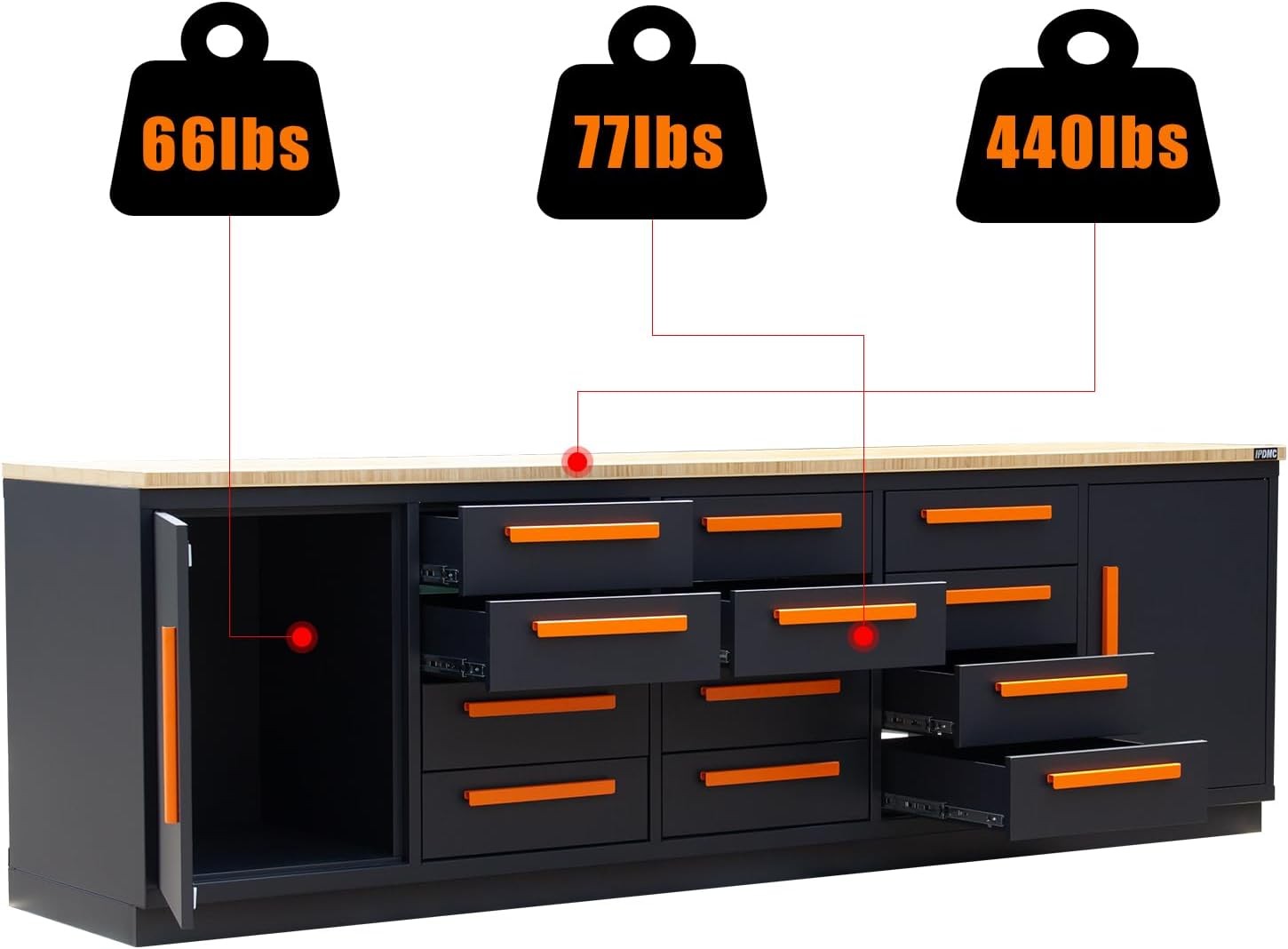 12 Drawer Heavy Duty Rolling Cabinet Workbench Table w/Solid Wood Top for Garage