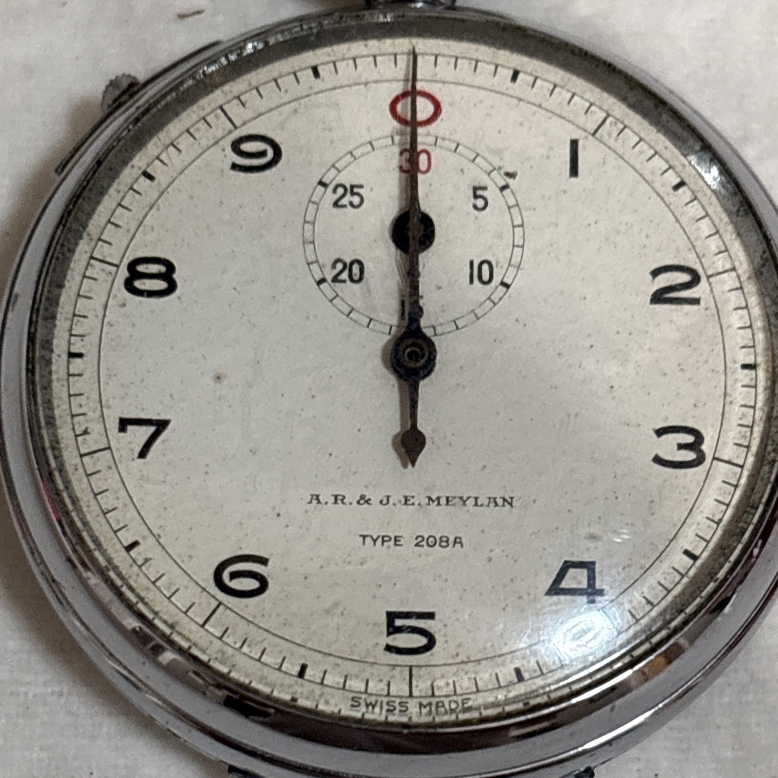 Vintage A.R. & J.E. Meylan Type 208A Swiss Stopwatch W Chain -Working!