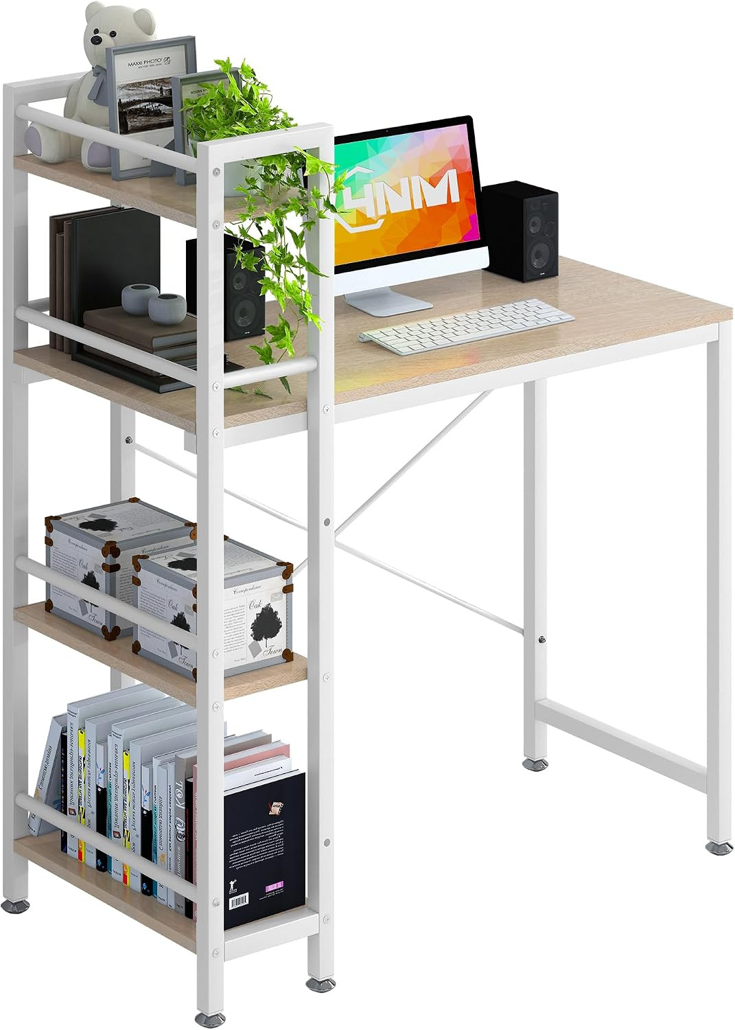 35.4" Small Computer Desk with 4-Tier Bookshelf and 8 Hooks, Home Office Desk Wr