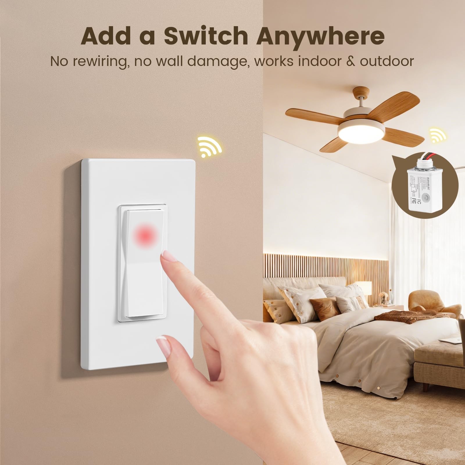 Wireless Light Switch and Receiver Kit, Decorator Rocker Wall Switch, 15A, No...