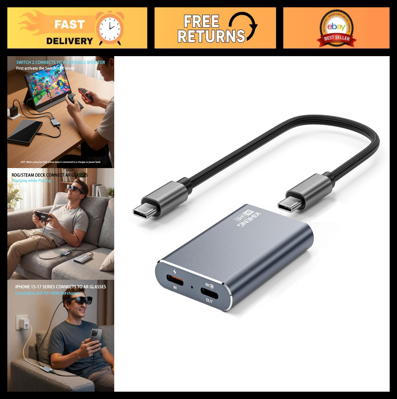 8K 30Hz USB-C AR Glasses Adapter, Power & Charge Sync, Compatible with Steam Dec