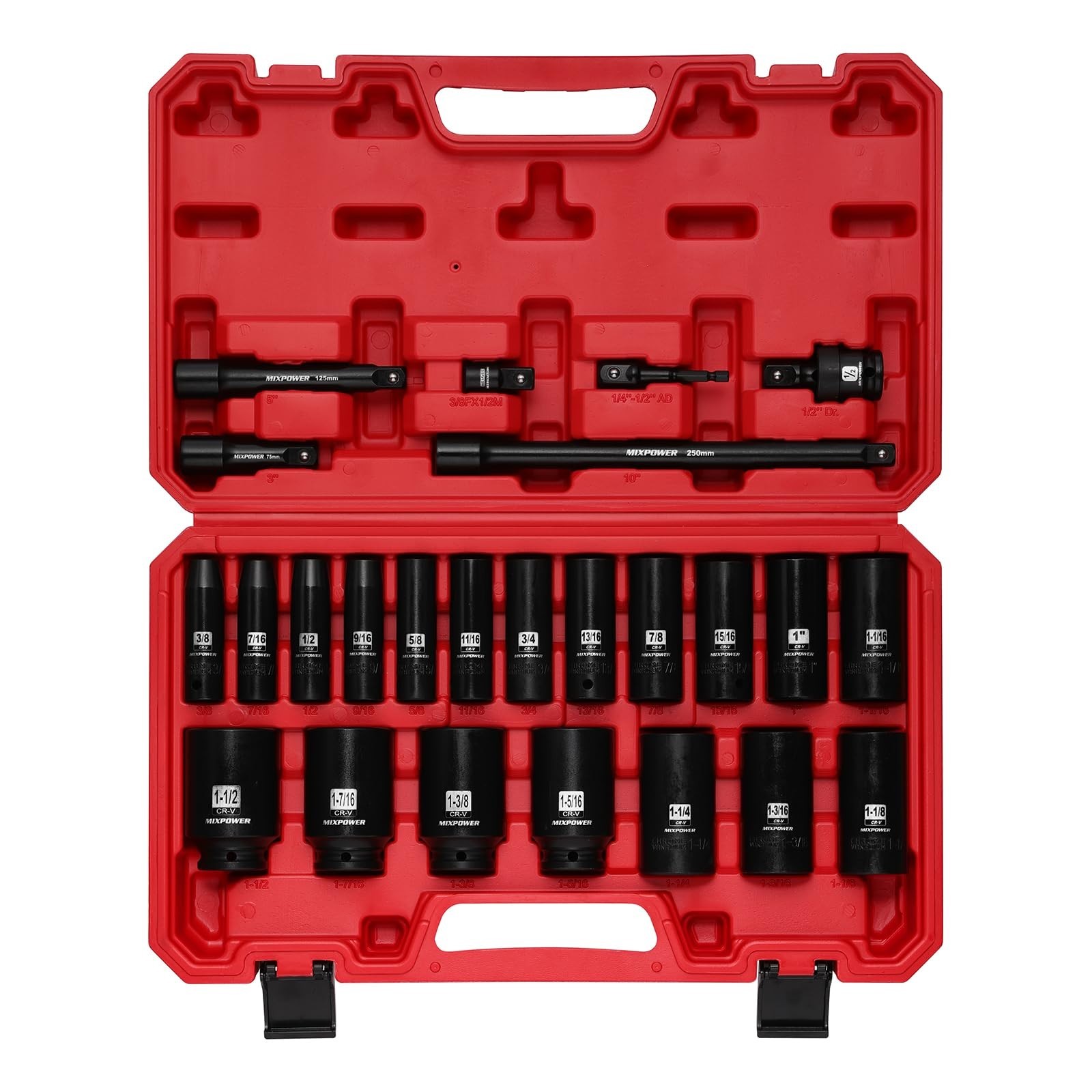 25 PCS 1/2” Drive Impact Socket Set, 3/8" to 1-1/2" Deep Socket, 6-Point H
