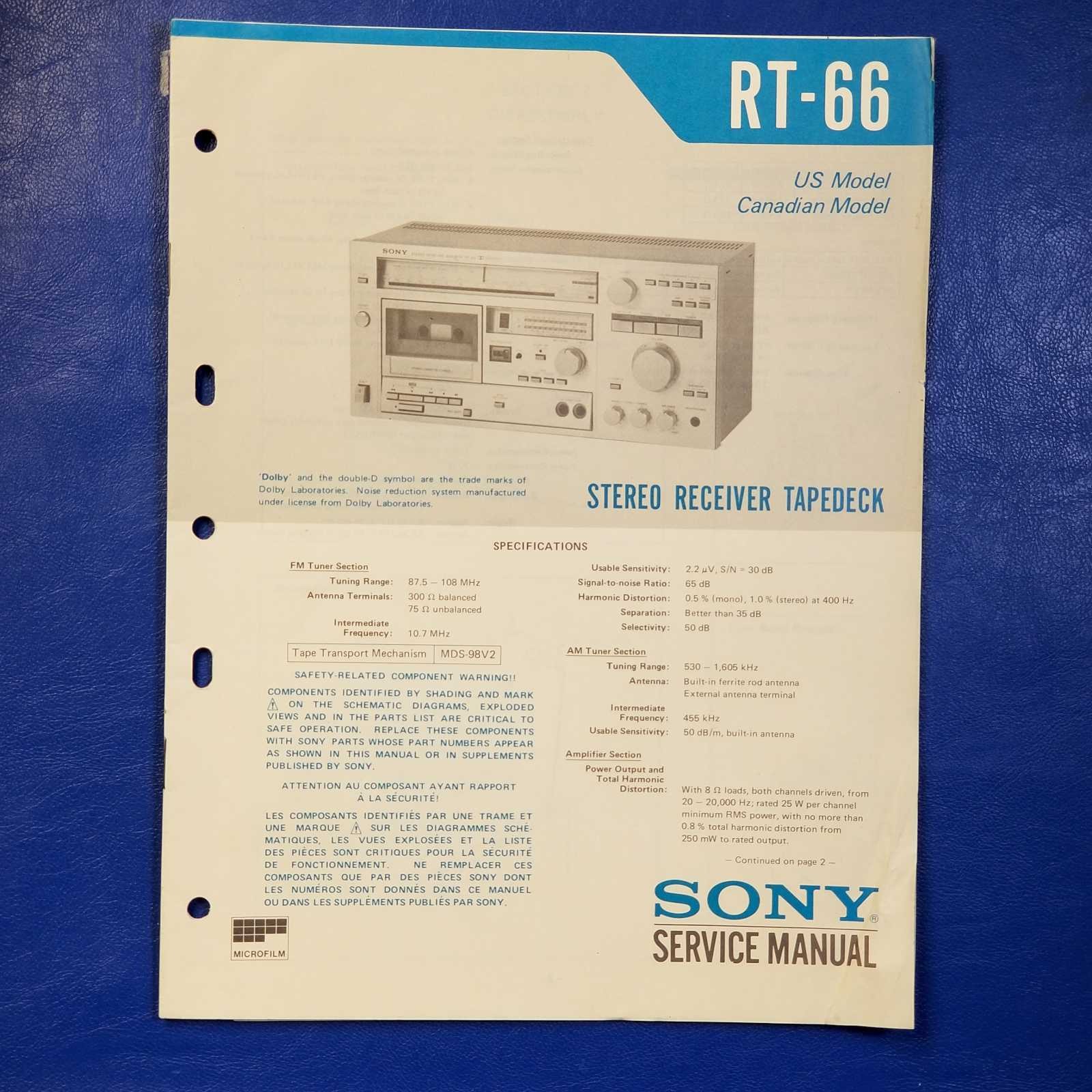 SONY RT-66 Service Manual Original Paper OEM Repair Guide - USA