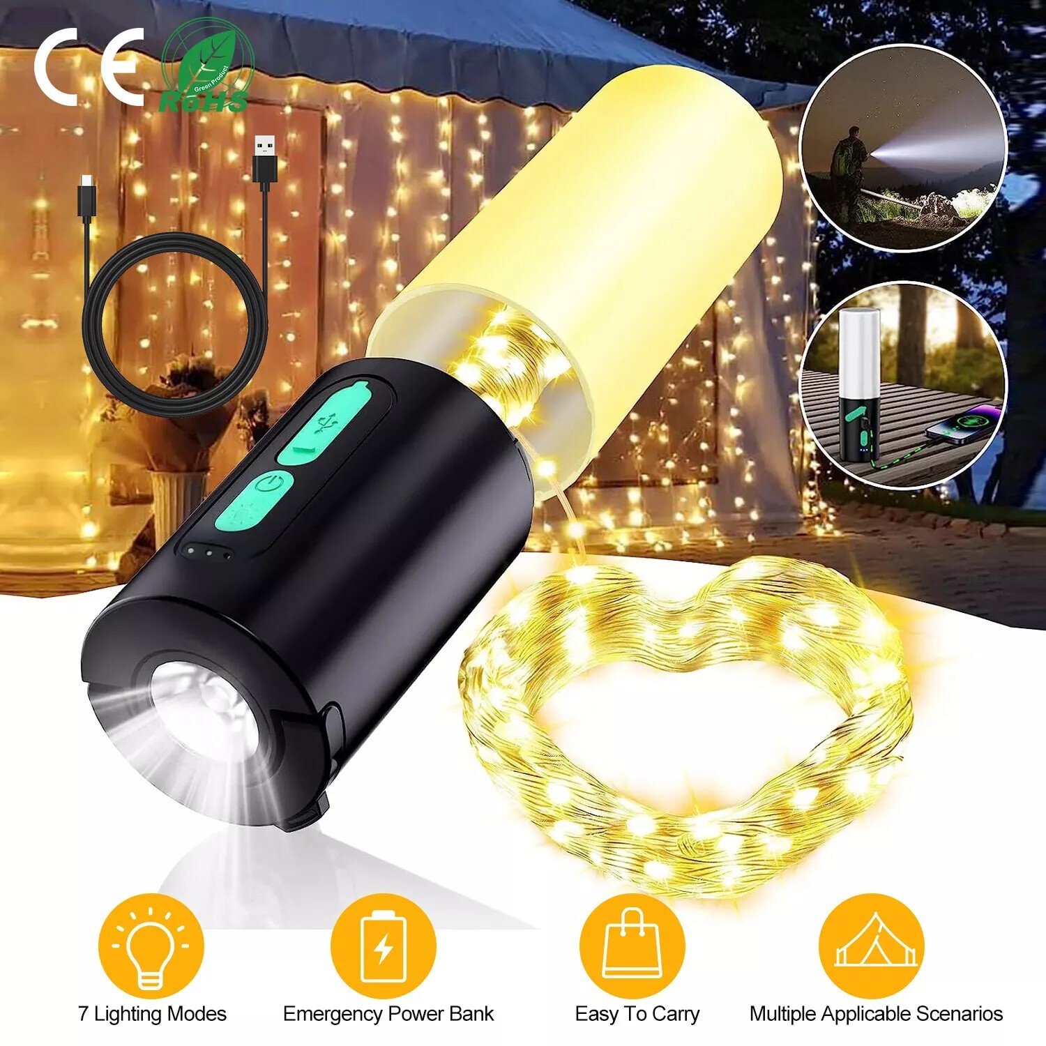 4 in 1 Camping String Lights 33Ft Camping Lanterns 4000mAh Power Bank Flashlight