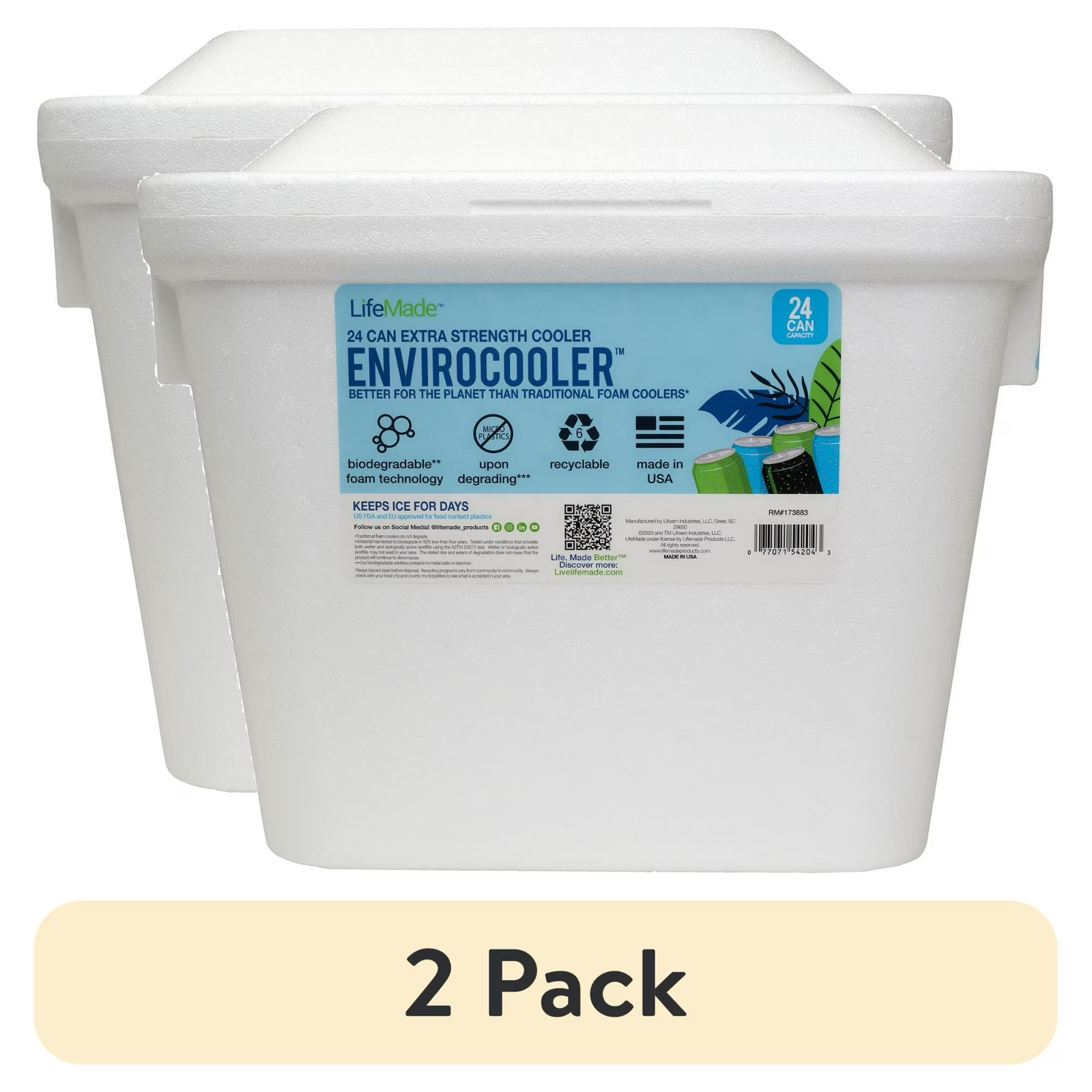 (2 pack) Lifoam 24 Can Envirocooler Foam 28Qt Foam Cooler, White
