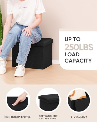 Folding Storage Ottoman Cube Ottomans for Living Linen Black 16.5"x12.6"x12.6"