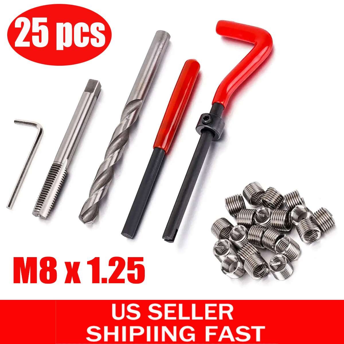 25PC M8 x 1.25 Thread Repair Tool Stainless Helicoil Wire Insert Kit