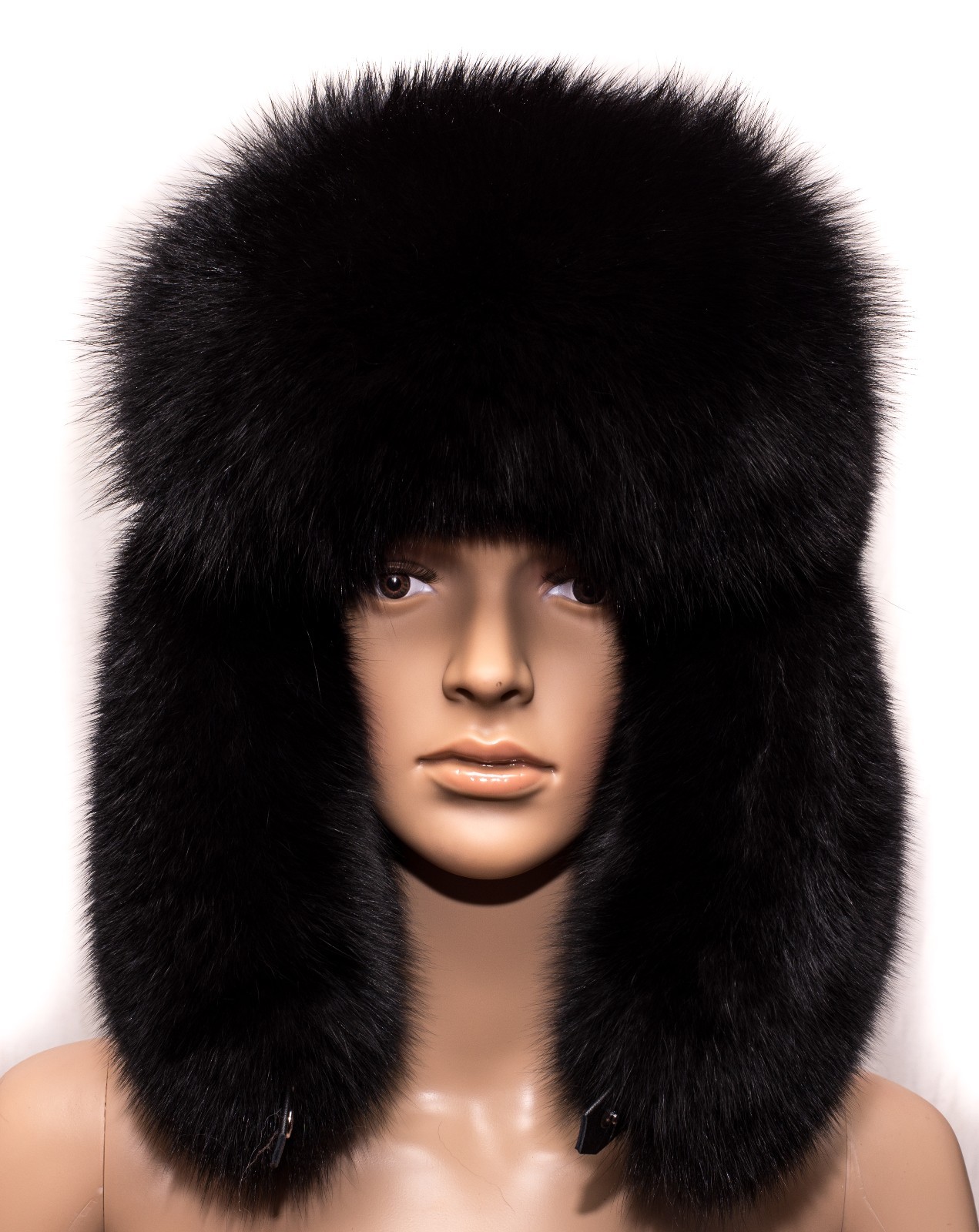 Genuine Black Velvet Fox Fur Handmade Men's Winter Cap Trapper Ushanka Hat