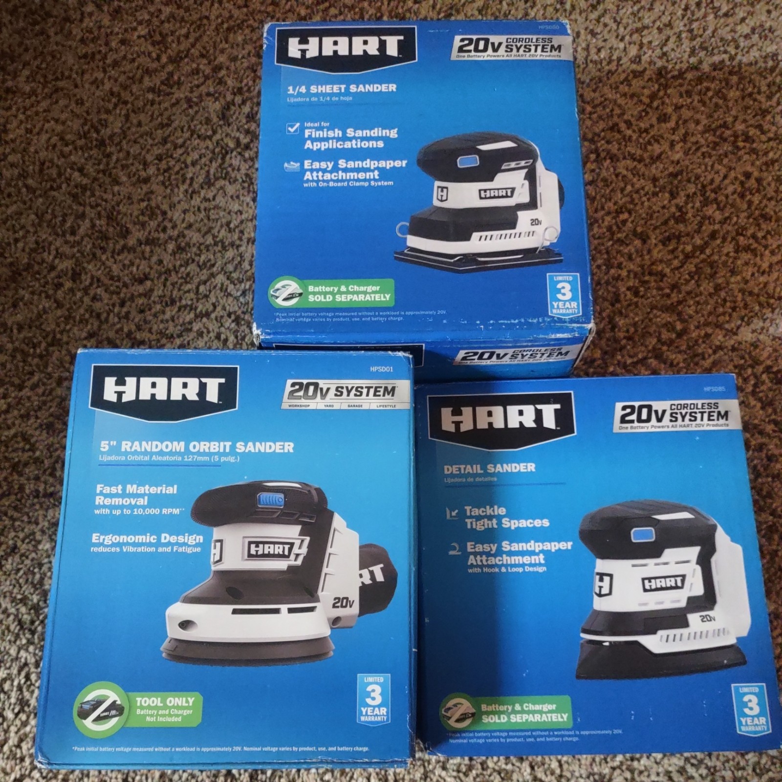 3 Hart Sanders Tool  Set  1/4 Sheet Sander/5" Random Orbit Sander/Detail Sander