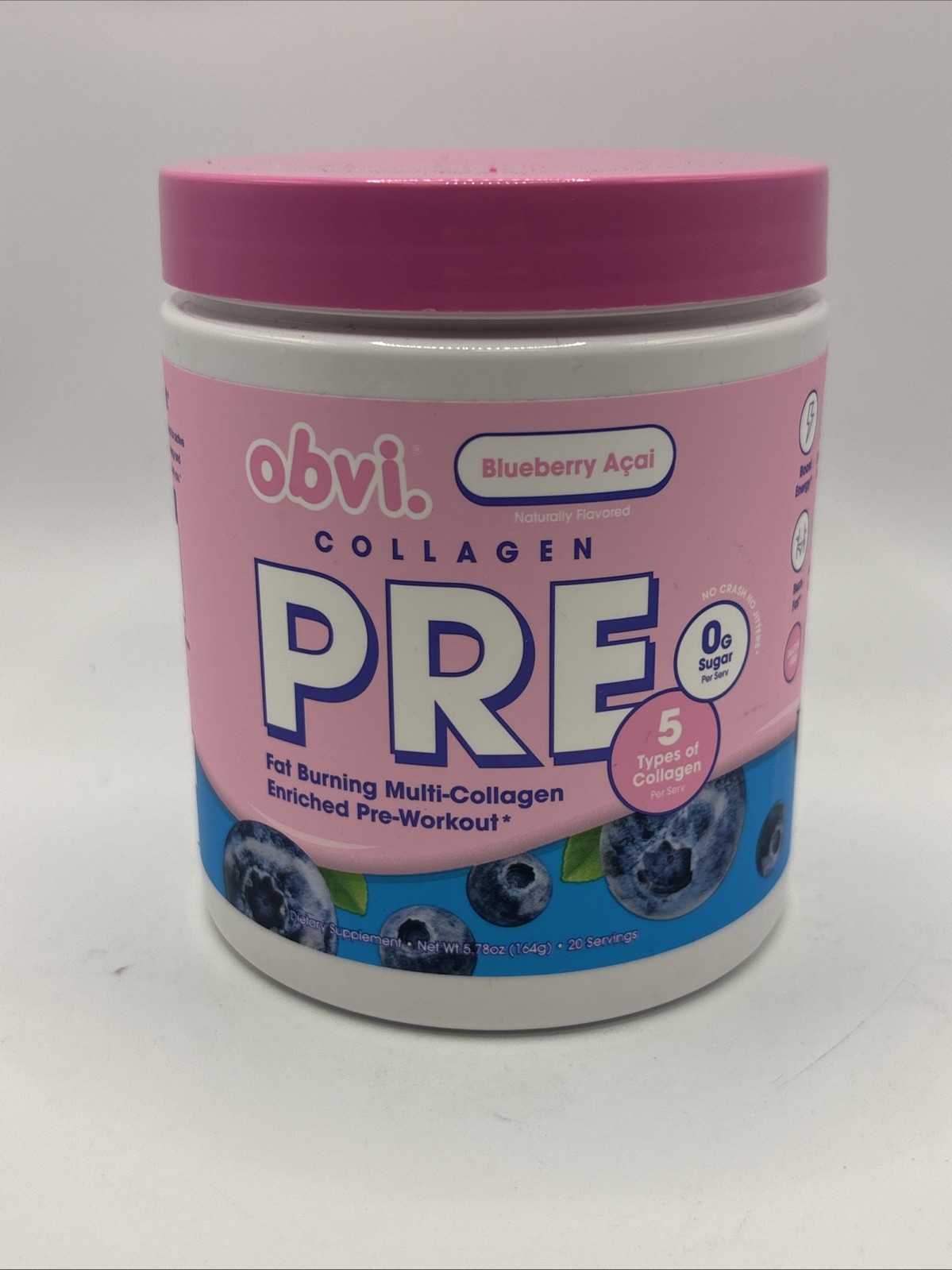 Obvi Collagen PRE Pre-Workout Blueberry Acai Fat Burning 20 Servings