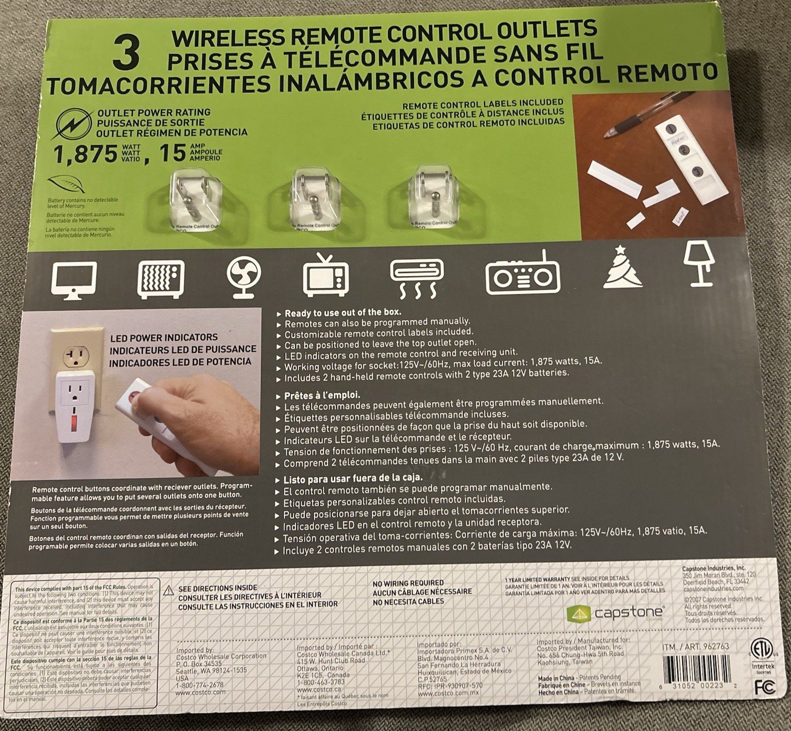 Capstone Wireless Remote Control Outlets 3 Pack LED Indicator New