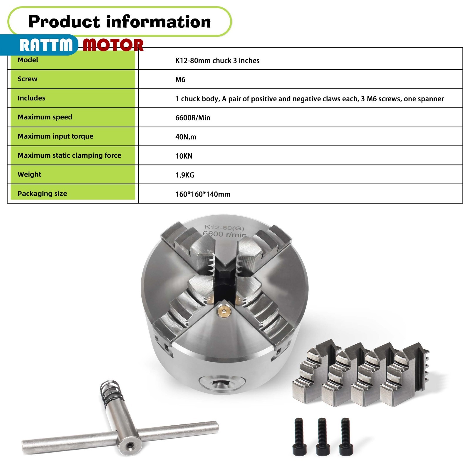 US SHIP】4-Jaw K12-80mm Self-centering Linkage Metal Wood Lathe Chuck 4000 R/min