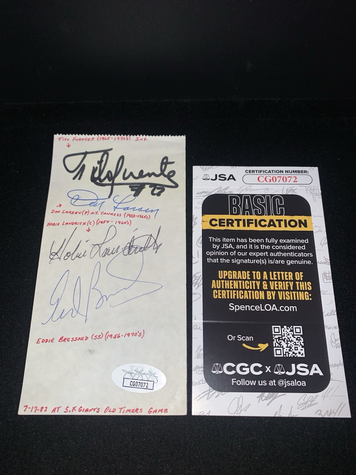 Tito Fuentes Don Larsen Landrith Bressoud San Francisco Giants Signed CUT JSA